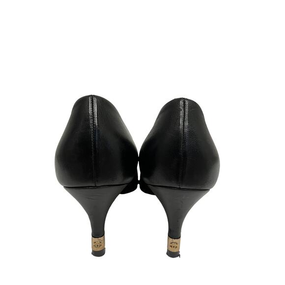 CHANEL Black Leather Cap Toe Pointy Gold CC Pearl Pumps Heels Size EU 38 US 8 - Picture 6 of 10